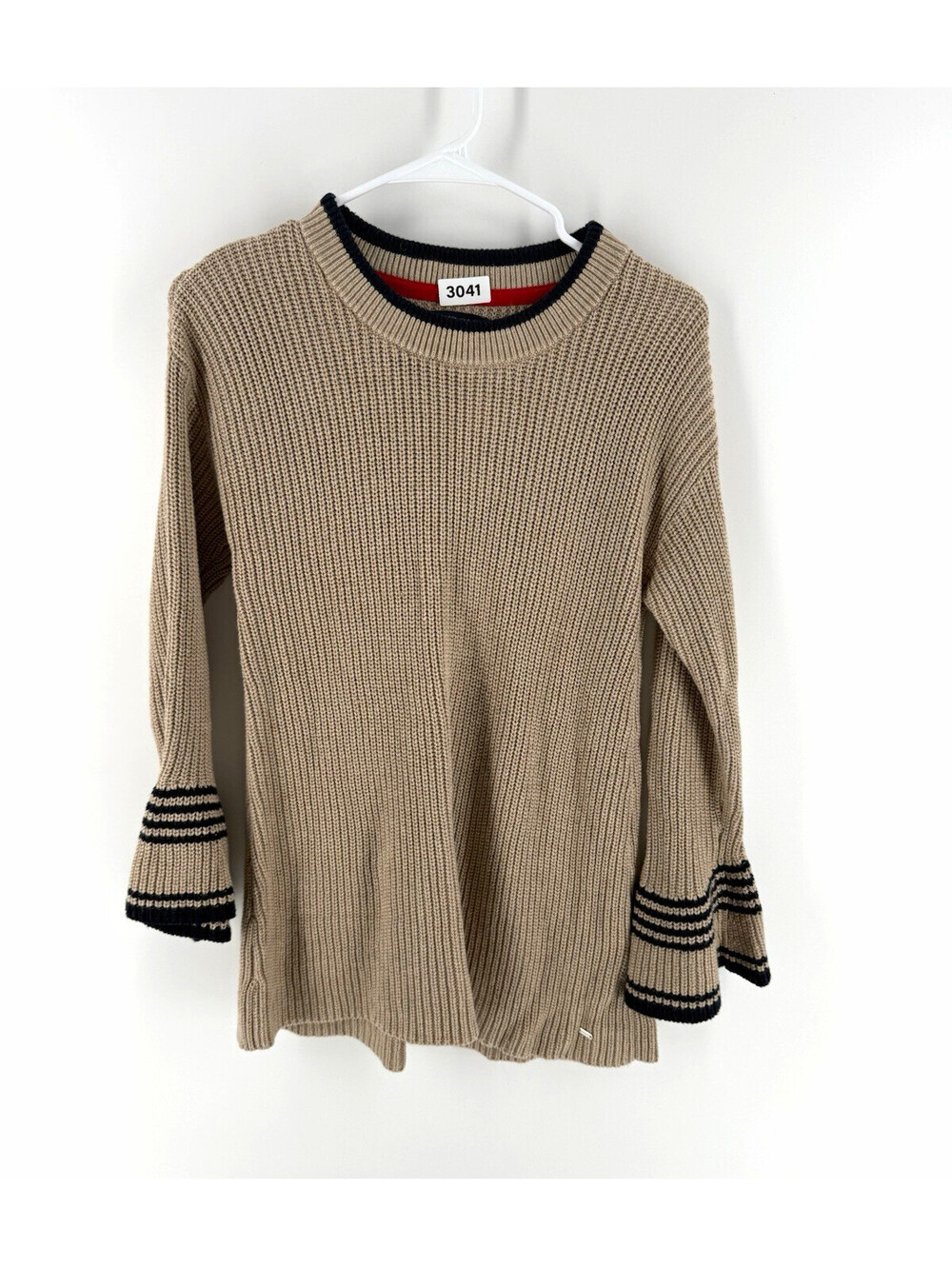 Women’s Tommy Hilfiger Beige/Navy Knit Crew Neck Pullover Flared Sleeve M